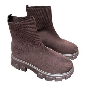 Woven Sock Knit Ankle Chelsea Moto Boots 39 NWOT Chunky Casual Fall Brown